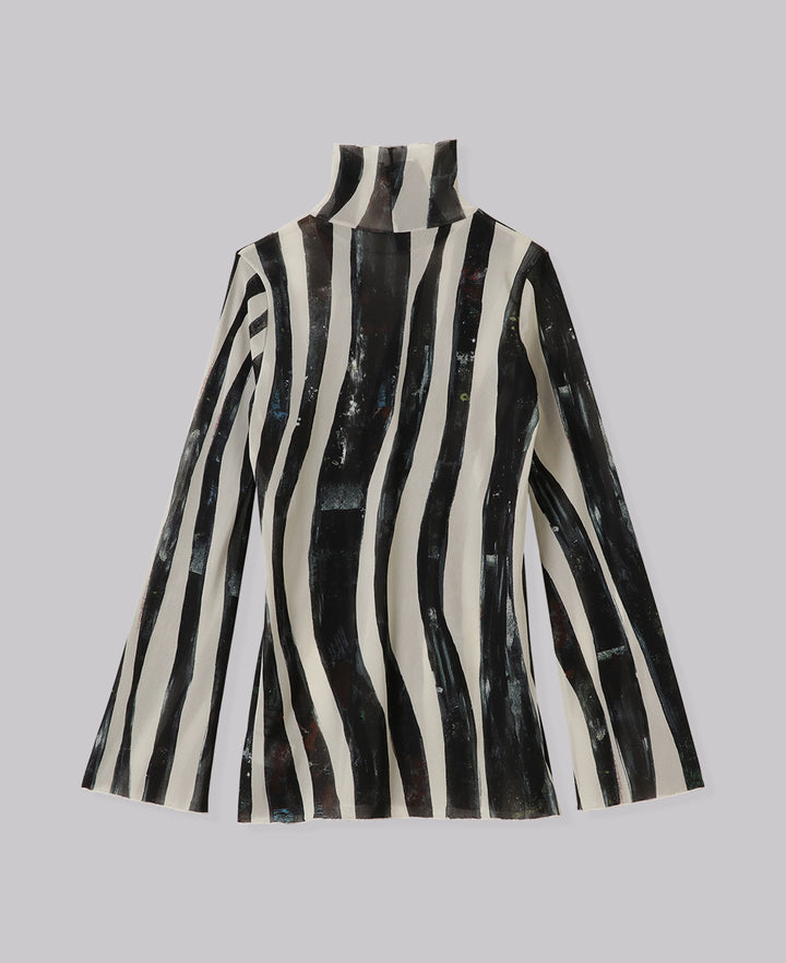 WIND STRIPE PRINT HIGH NECK TULLE TOPS
