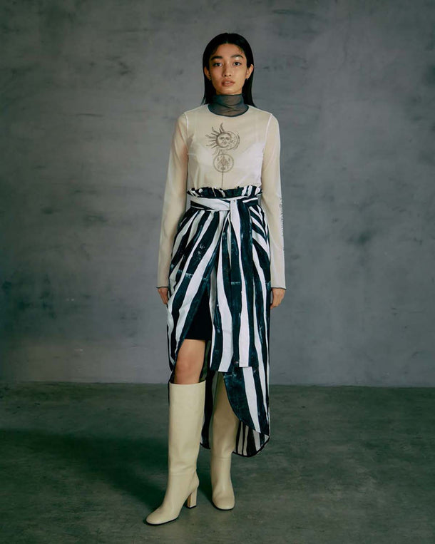 WIND STRIPE PRINT WRAP LONG SKIRT