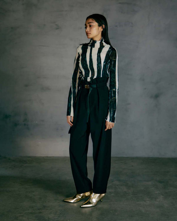 WIND STRIPE PRINT HIGH NECK TULLE TOPS