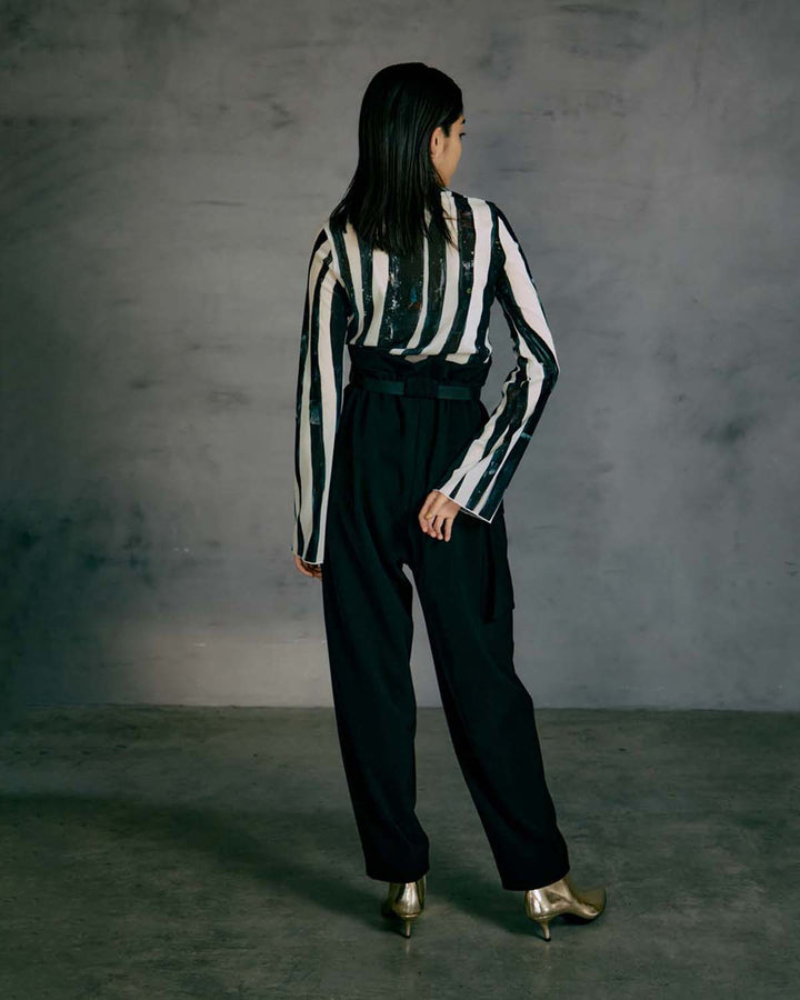 WIND STRIPE PRINT HIGH NECK TULLE TOPS