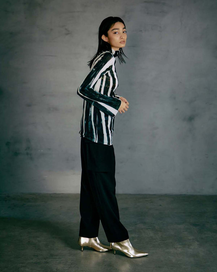 WIND STRIPE PRINT HIGH NECK TULLE TOPS