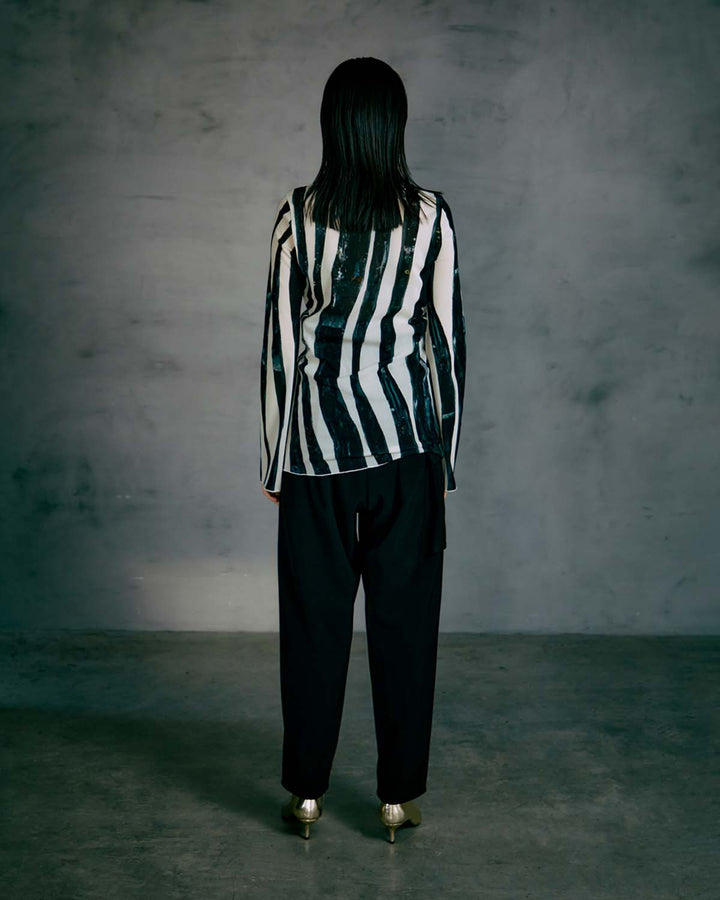 WIND STRIPE PRINT HIGH NECK TULLE TOPS