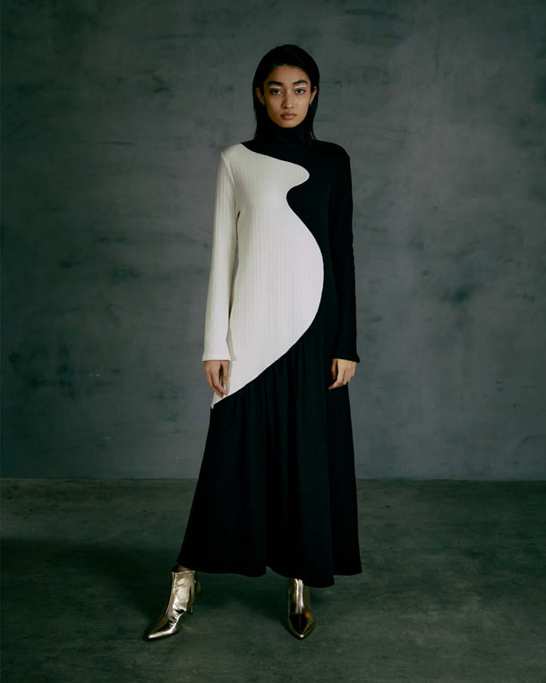CONTRAST HIGH NECK RIB MAXI DRESS