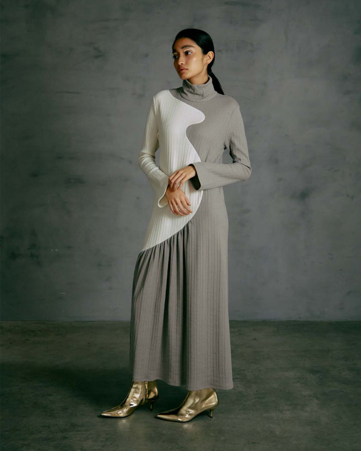 CONTRAST HIGH NECK RIB MAXI DRESS