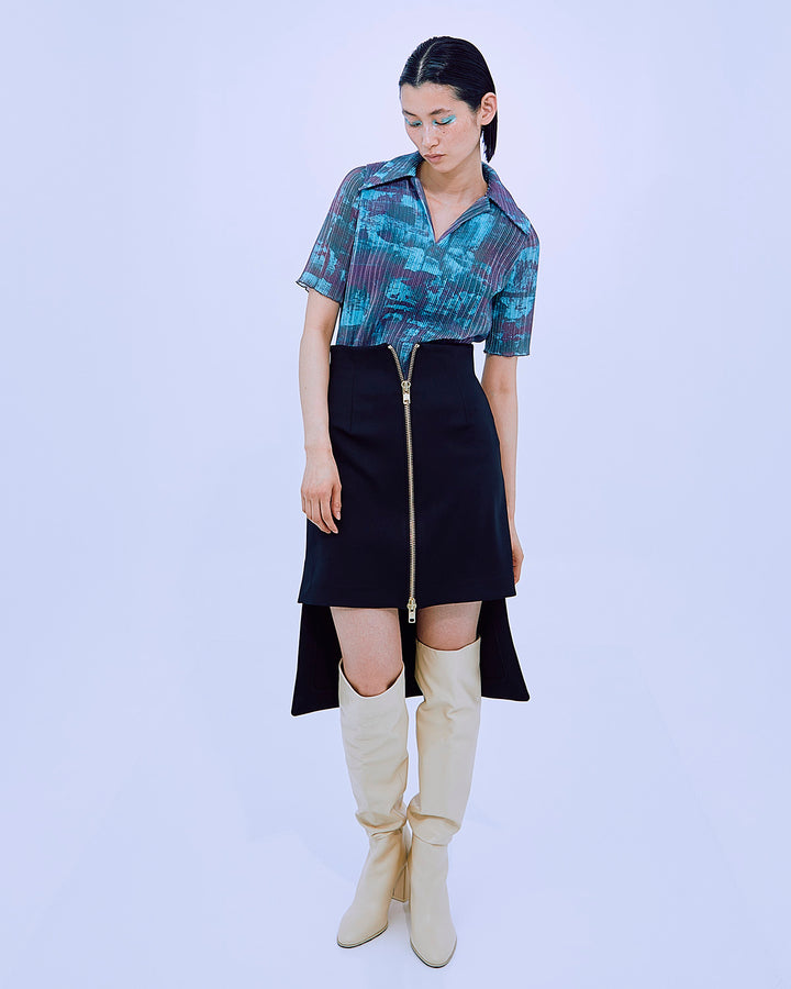 PRINT PLEATS RIB  SHIRT COLLAR TOPS