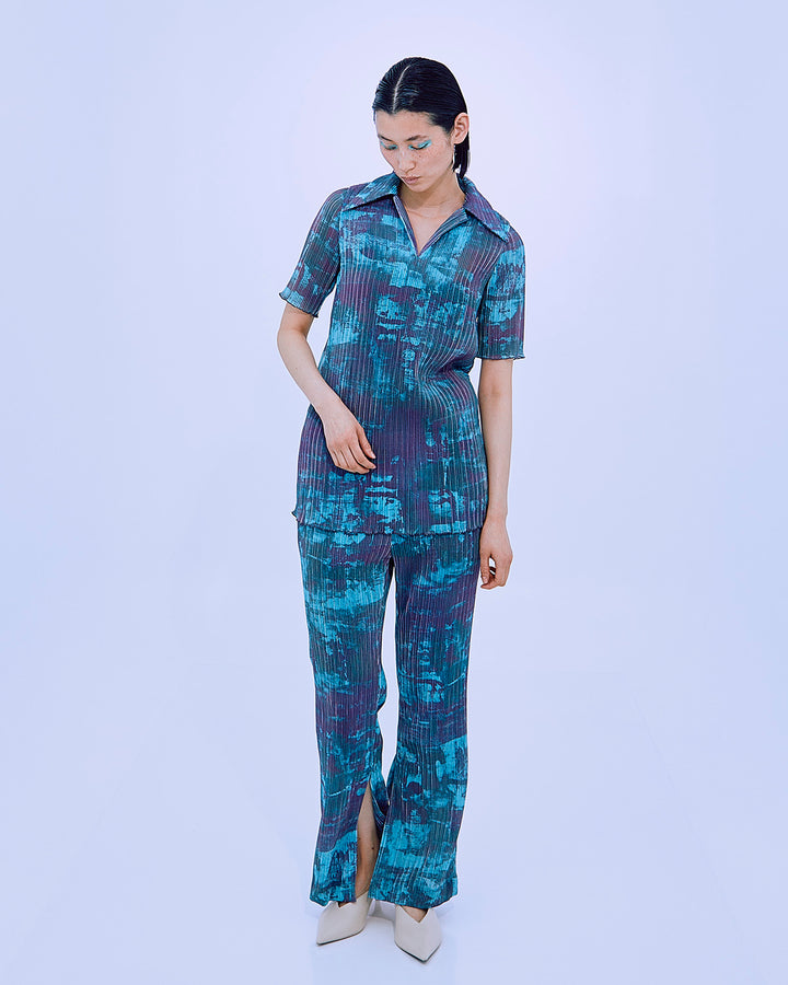 PRINT PLEATS RIB  SHIRT COLLAR TOPS