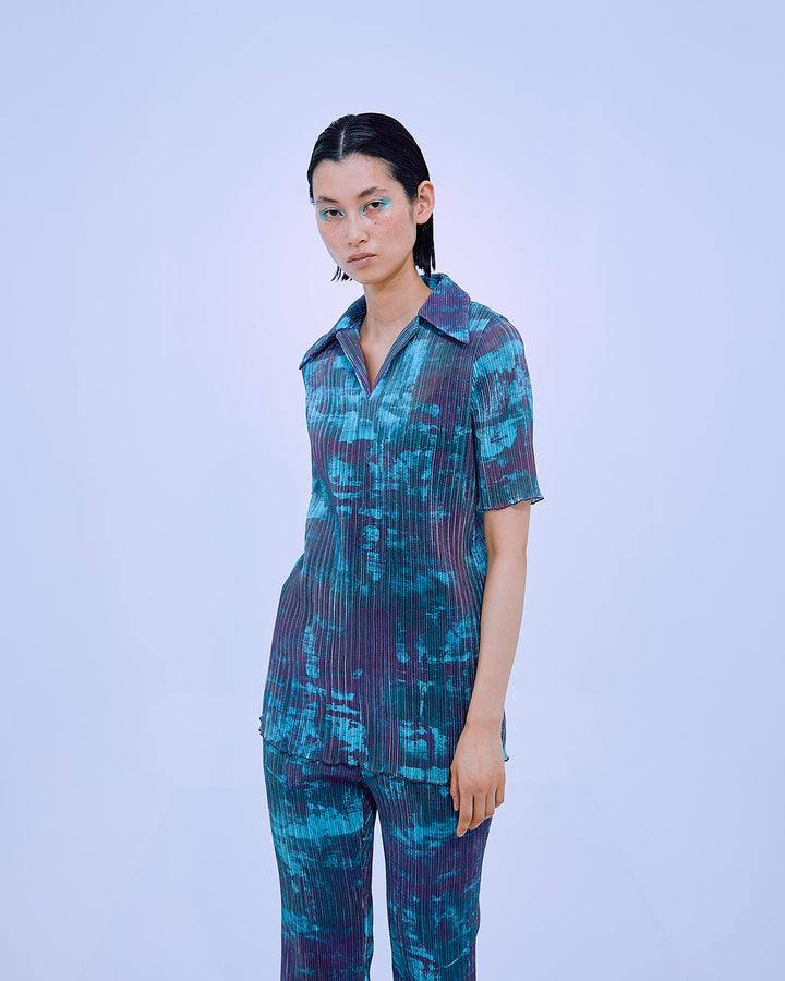 PRINT PLEATS RIB  SHIRT COLLAR TOPS