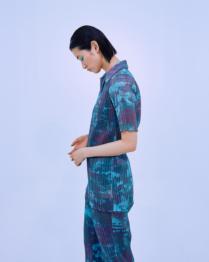 PRINT PLEATS RIB  SHIRT COLLAR TOPS