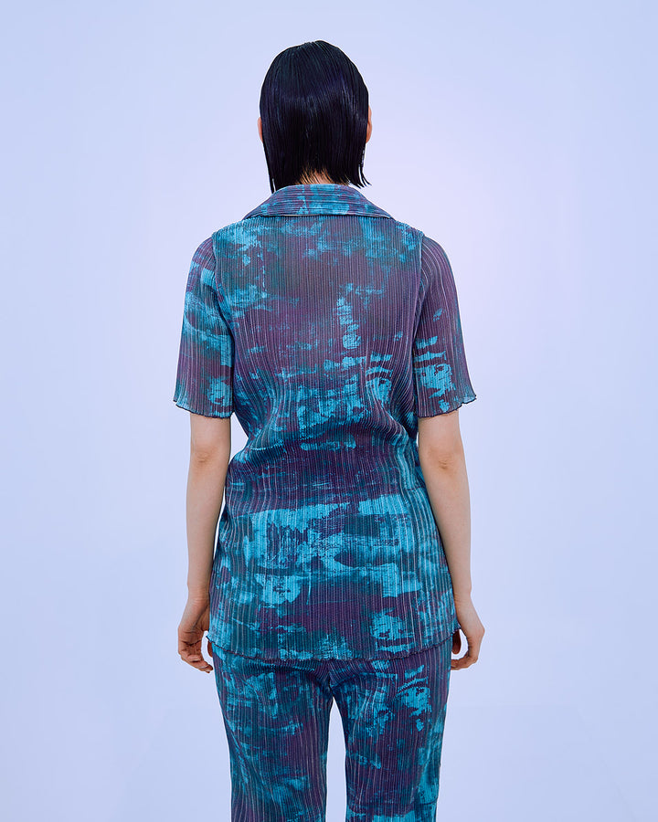 PRINT PLEATS RIB  SHIRT COLLAR TOPS