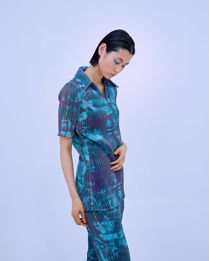 PRINT PLEATS RIB  SHIRT COLLAR TOPS