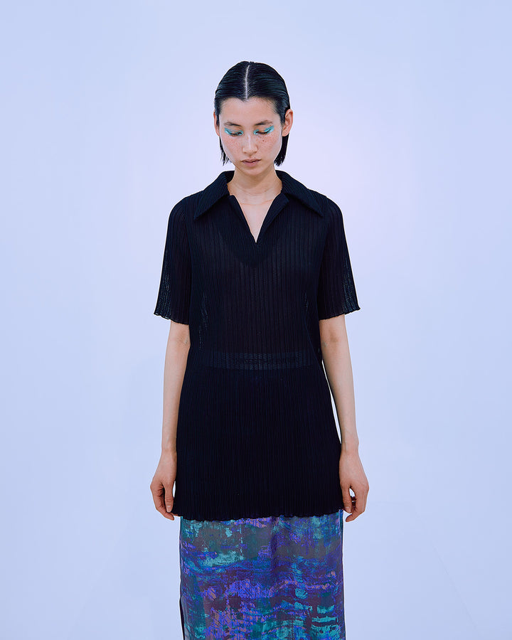 PLEATS RIB SHIRT COLLAR TOPS