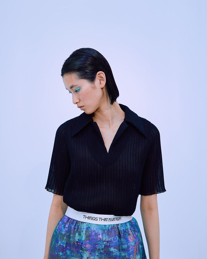 PLEATS RIB SHIRT COLLAR TOPS