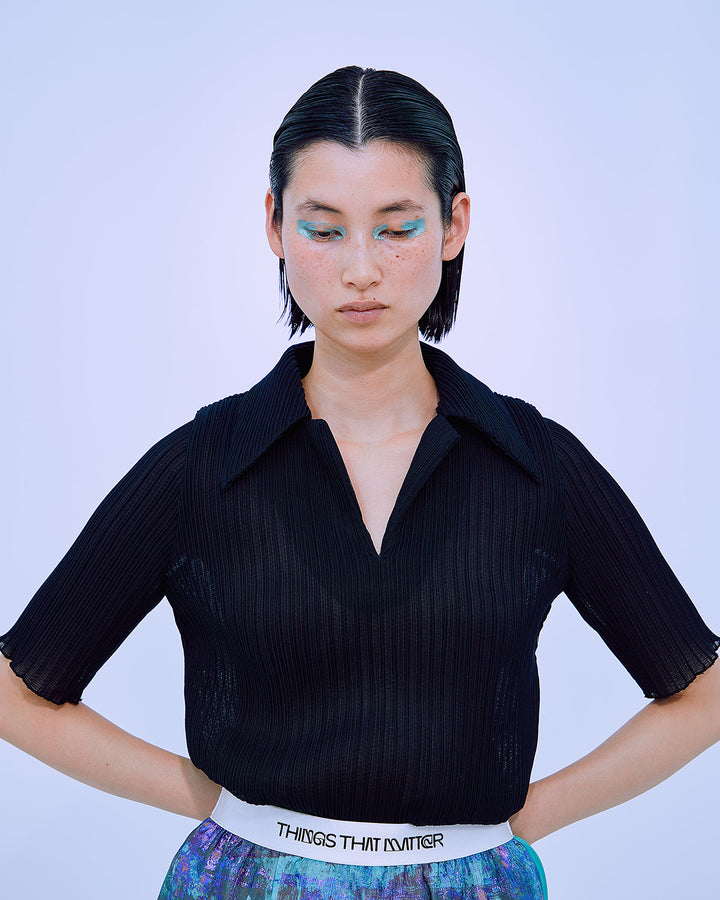 PLEATS RIB SHIRT COLLAR TOPS