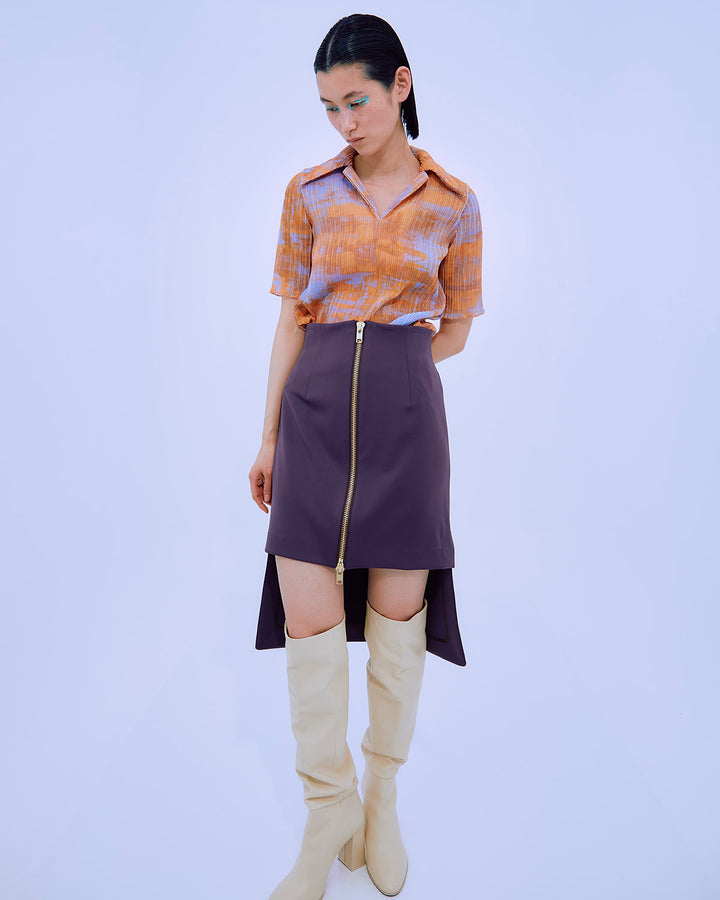 PRINT PLEATS RIB  SHIRT COLLAR TOPS