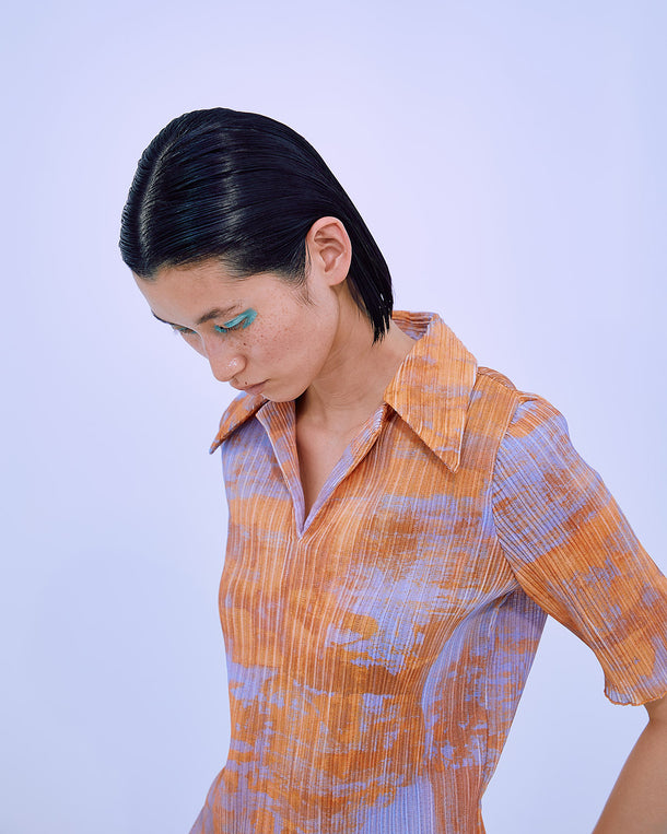PRINT PLEATS RIB  SHIRT COLLAR TOPS