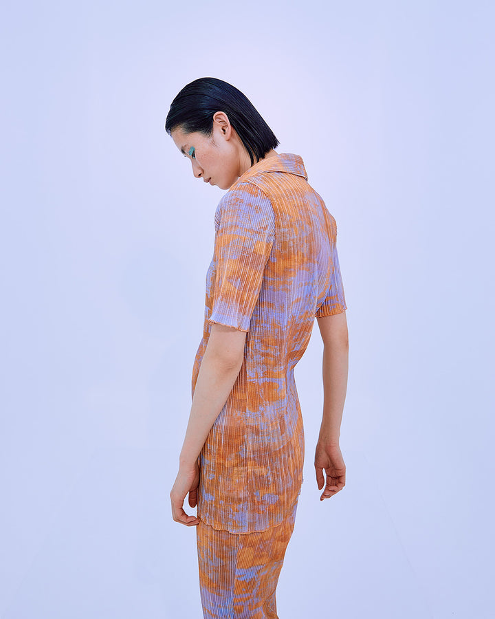 PRINT PLEATS RIB  SHIRT COLLAR TOPS