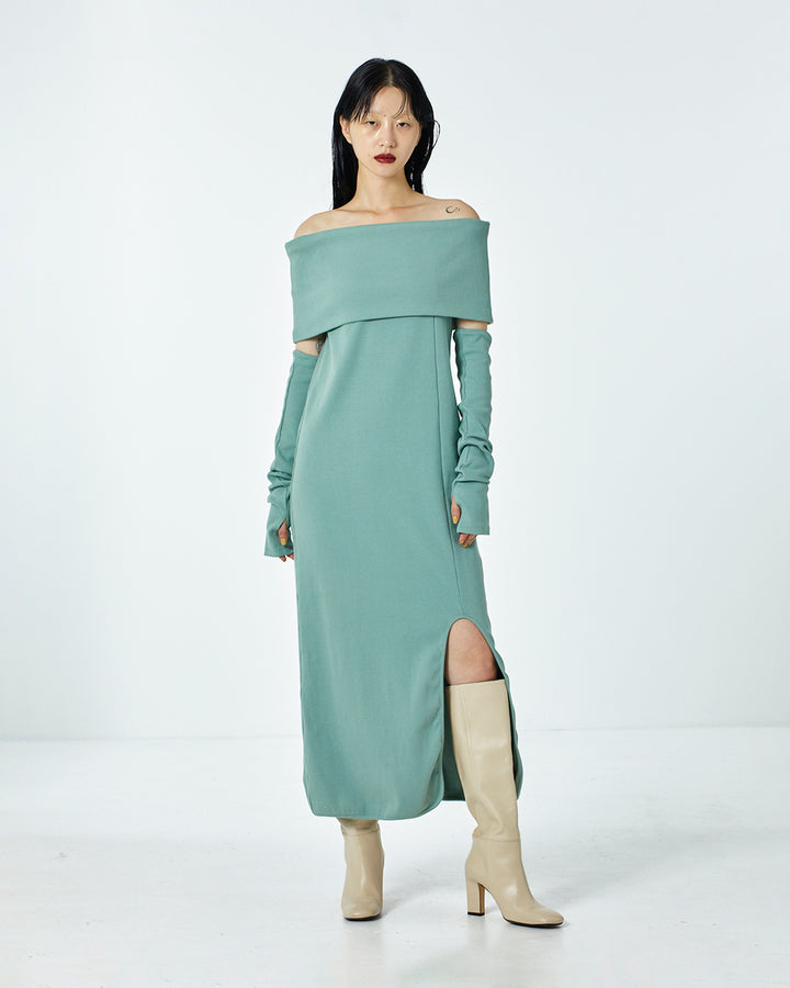 OFF-SHOULDER RIB DRESS WITH ARM WARMER
