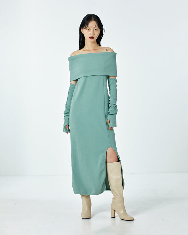 OFF-SHOULDER RIB DRESS WITH ARM WARMER