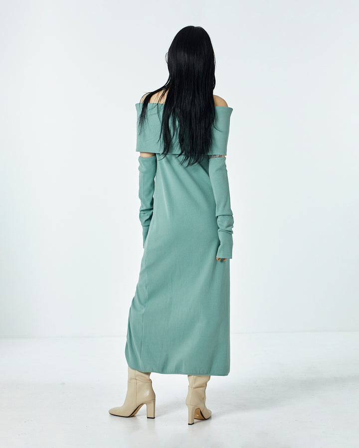 OFF-SHOULDER RIB DRESS WITH ARM WARMER