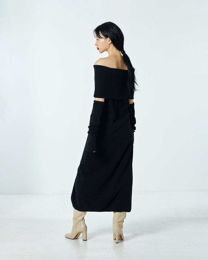 OFF-SHOULDER RIB DRESS WITH ARM WARMER