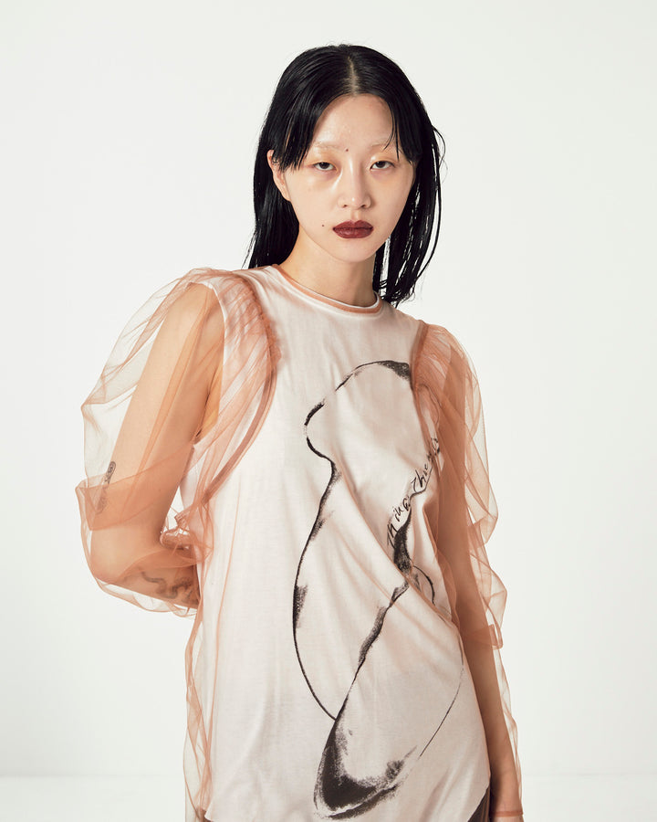 VOLUME SHOULDER TULLE BLOUSE & PRINT T-SHIRT