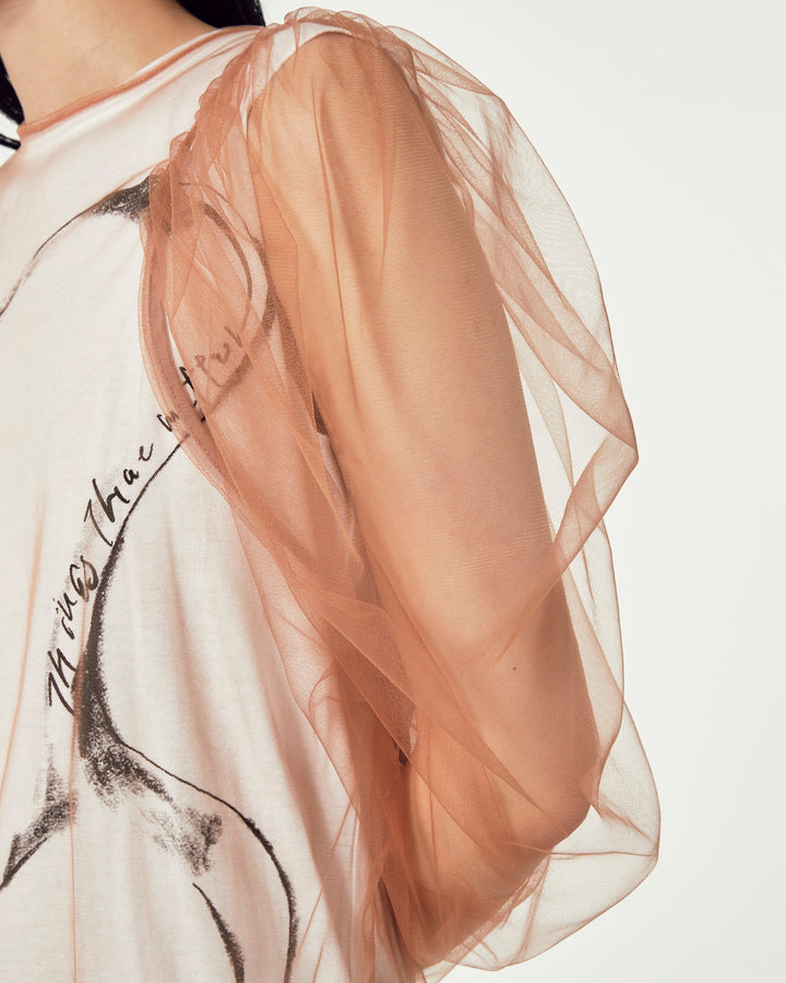VOLUME SHOULDER TULLE BLOUSE & PRINT T-SHIRT