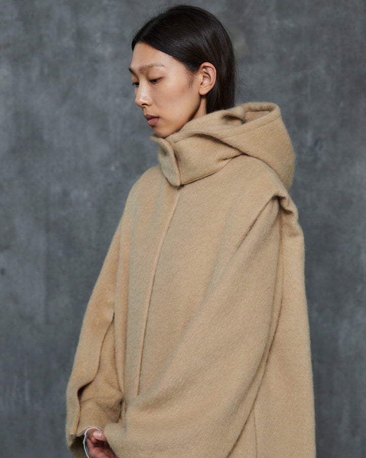 MOHAIR SHAGGY HOODED LONG COAT