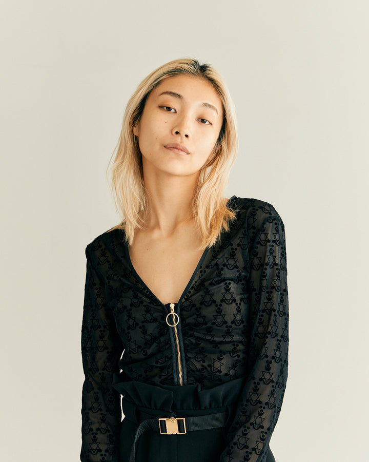 MONOGRAM FLOCKY PRINT TULLE CARDIGAN