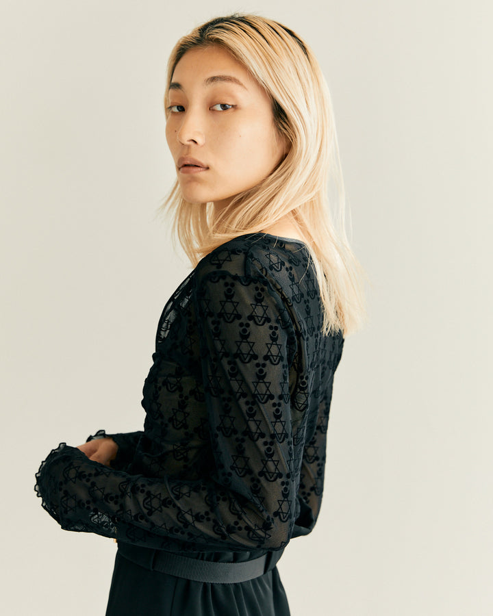 MONOGRAM FLOCKY PRINT TULLE CARDIGAN