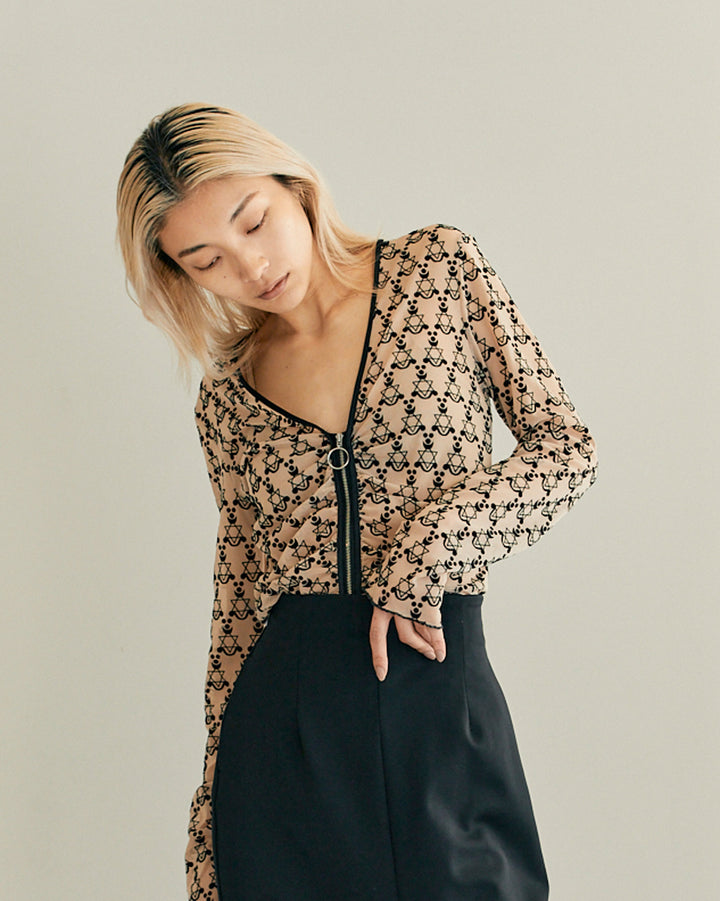 MONOGRAM FLOCKY PRINT TULLE CARDIGAN