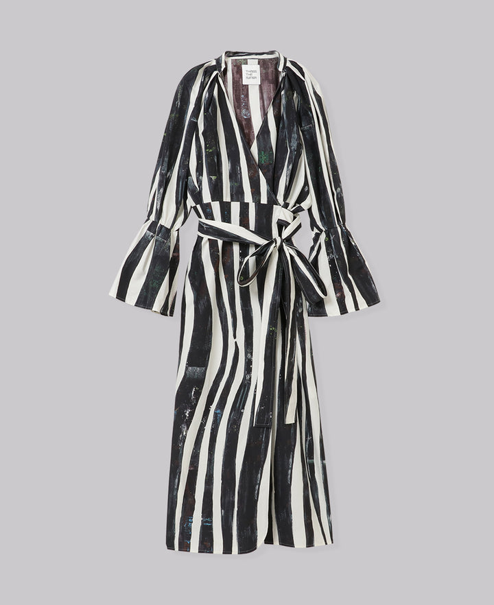 WIND STRIPE PRINT WRAP LONG DRESS